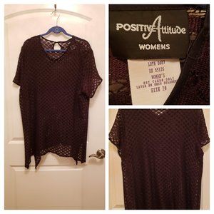 Black rounded vee neck knit see through shirt